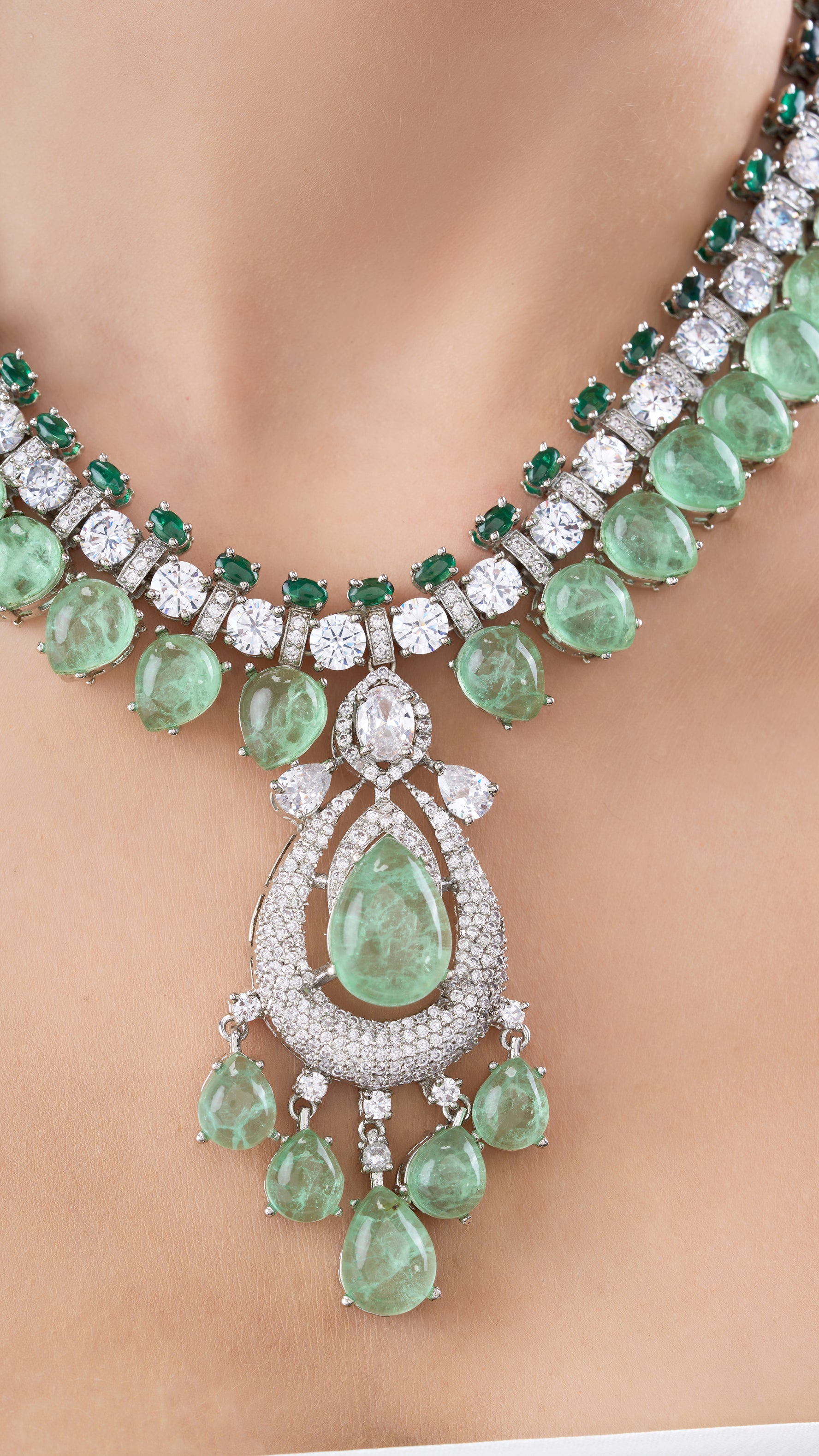 CHITRANI DOUBLE LAYER NECKLACE SET WITH MOSSAINITE AND SEMI PRECIOUS STONES IN AQUA