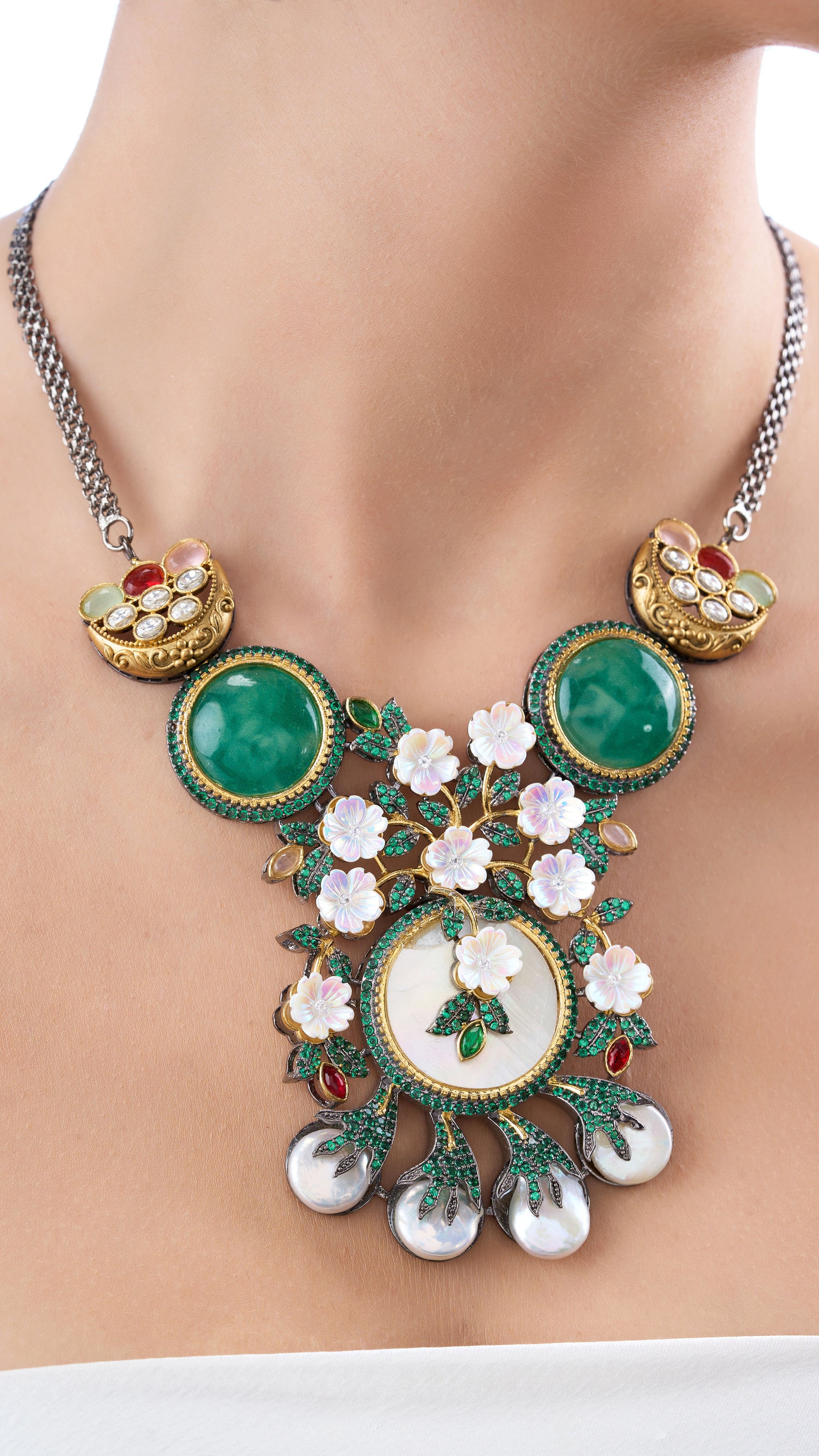 PRAVIRA FILIGREE NECKLACE SET WITH MOTHER OF PEARL & SEMI PRECIOUS STONES